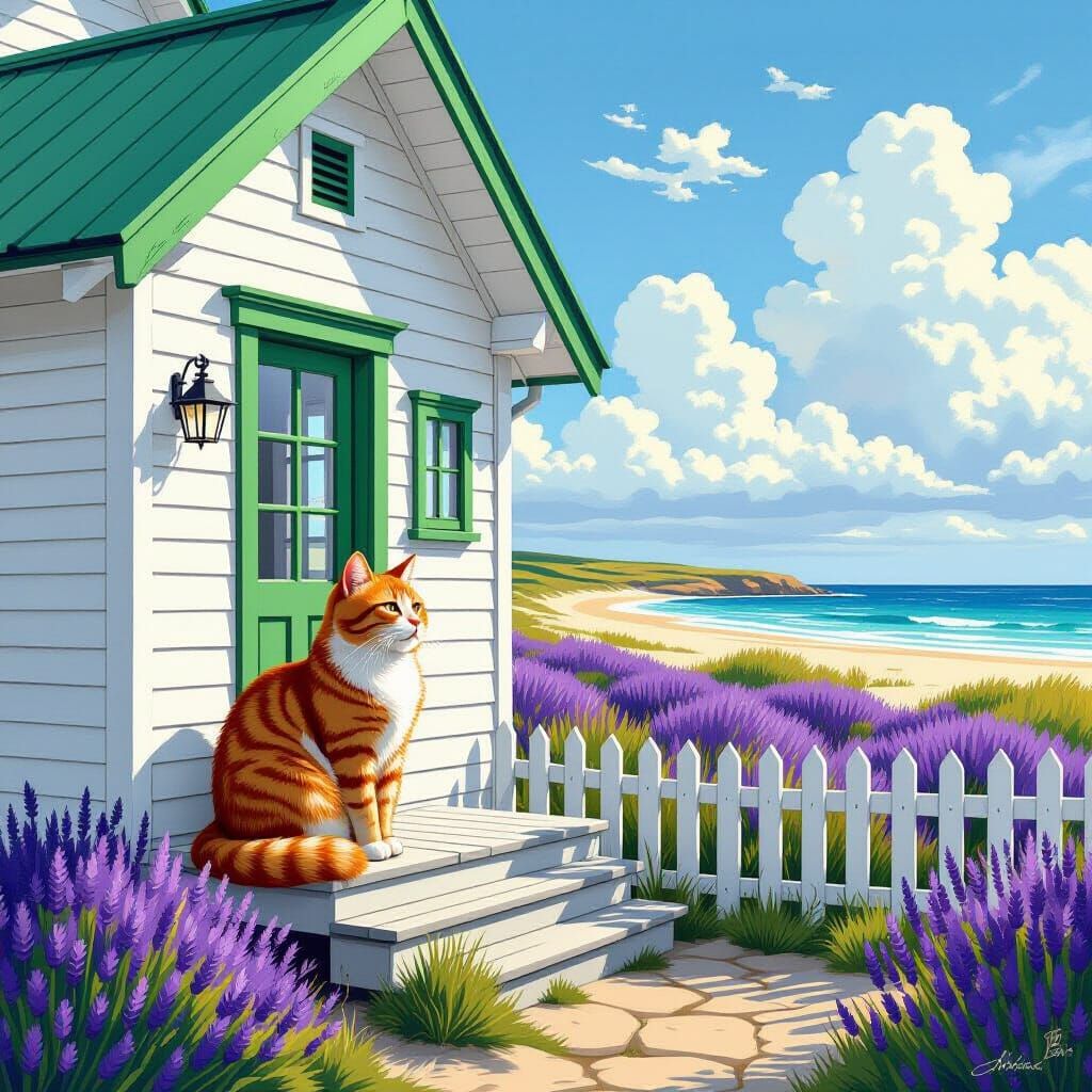 Ginger Cat on Cottage Porch: Detailed Matte Painting
