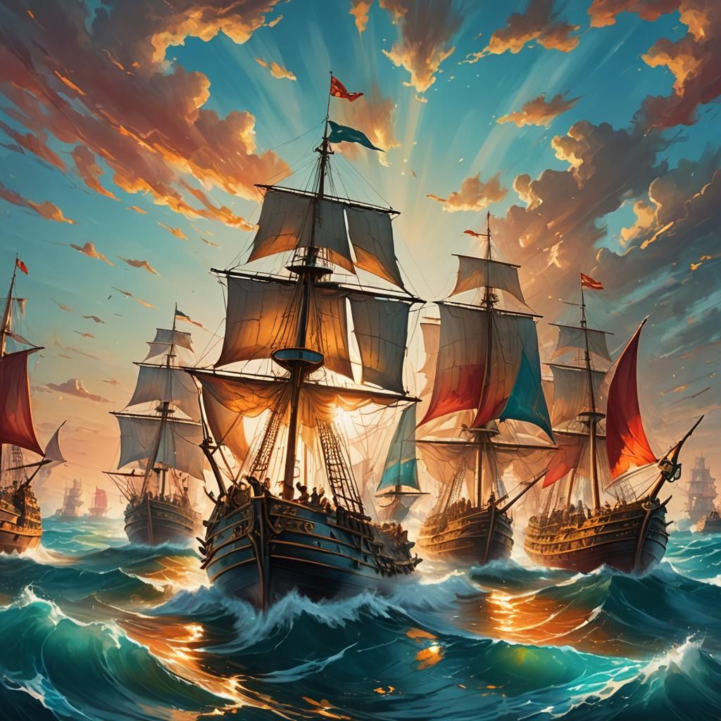 Greek Warships at Sunrise: A Fantasy Oil Painting