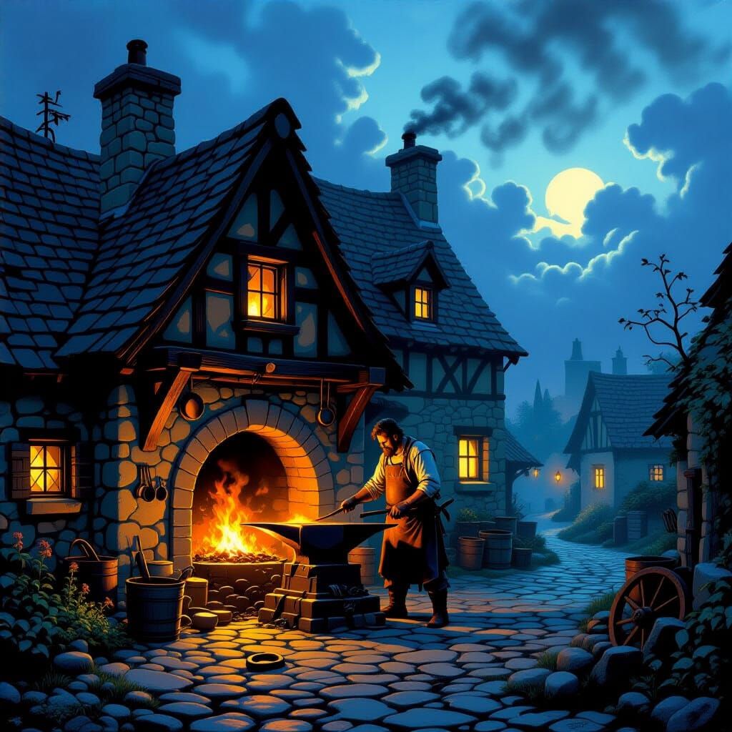 Medieval Blacksmith Forge Under Starry Sky