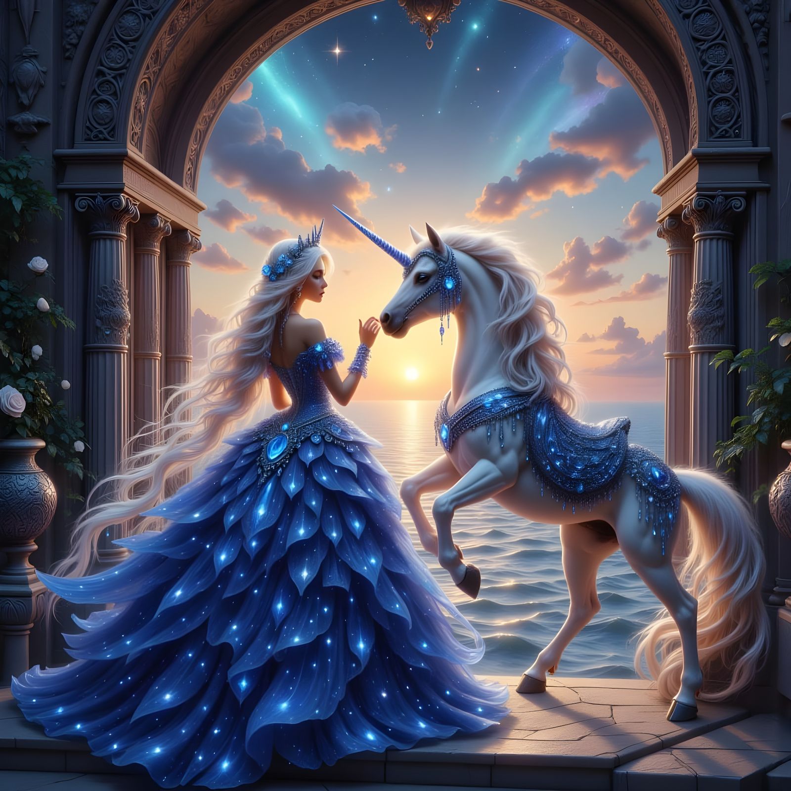 Princess and Unicorn by Sunset Ocean in Fairytale Style
