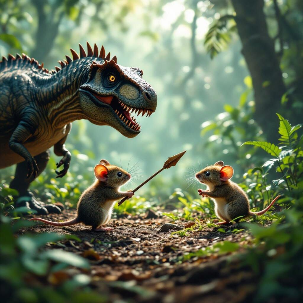 Mouse Hunts Dinosaur in Prehistoric Forest, Stop-Motion Styl...