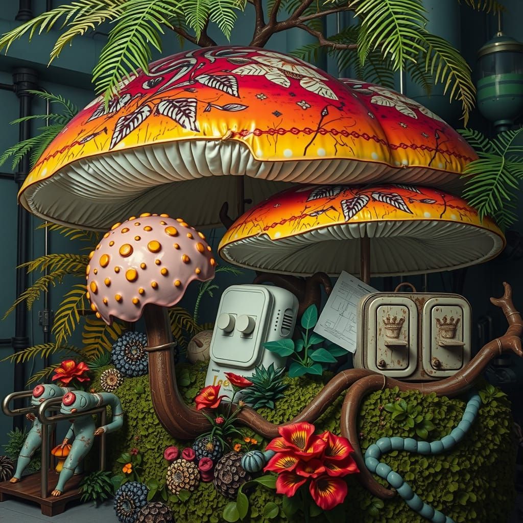 Whimsical Sculpture of Mushroom Flags in Hyperreal Style