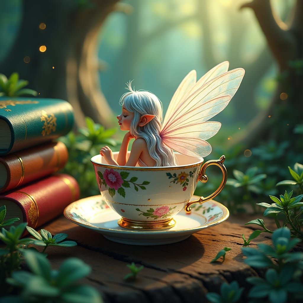 Fairy in Teacup in Enchanted Forest, Matte Painting
