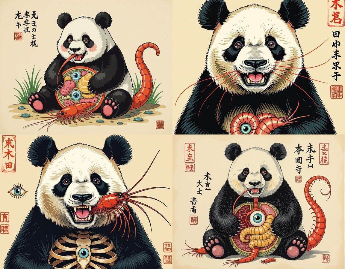 Mystical Mutant Panda with Lizard Beak and Prawn Eyeball