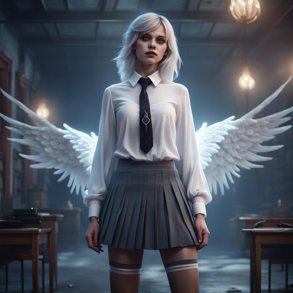Ghost Girl with Angel Wings in School, Fantasy Art