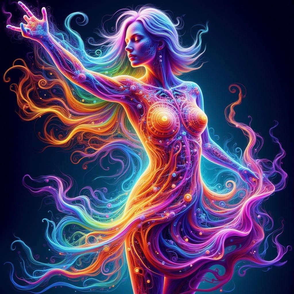 Woman in Swirling Rainbow Void