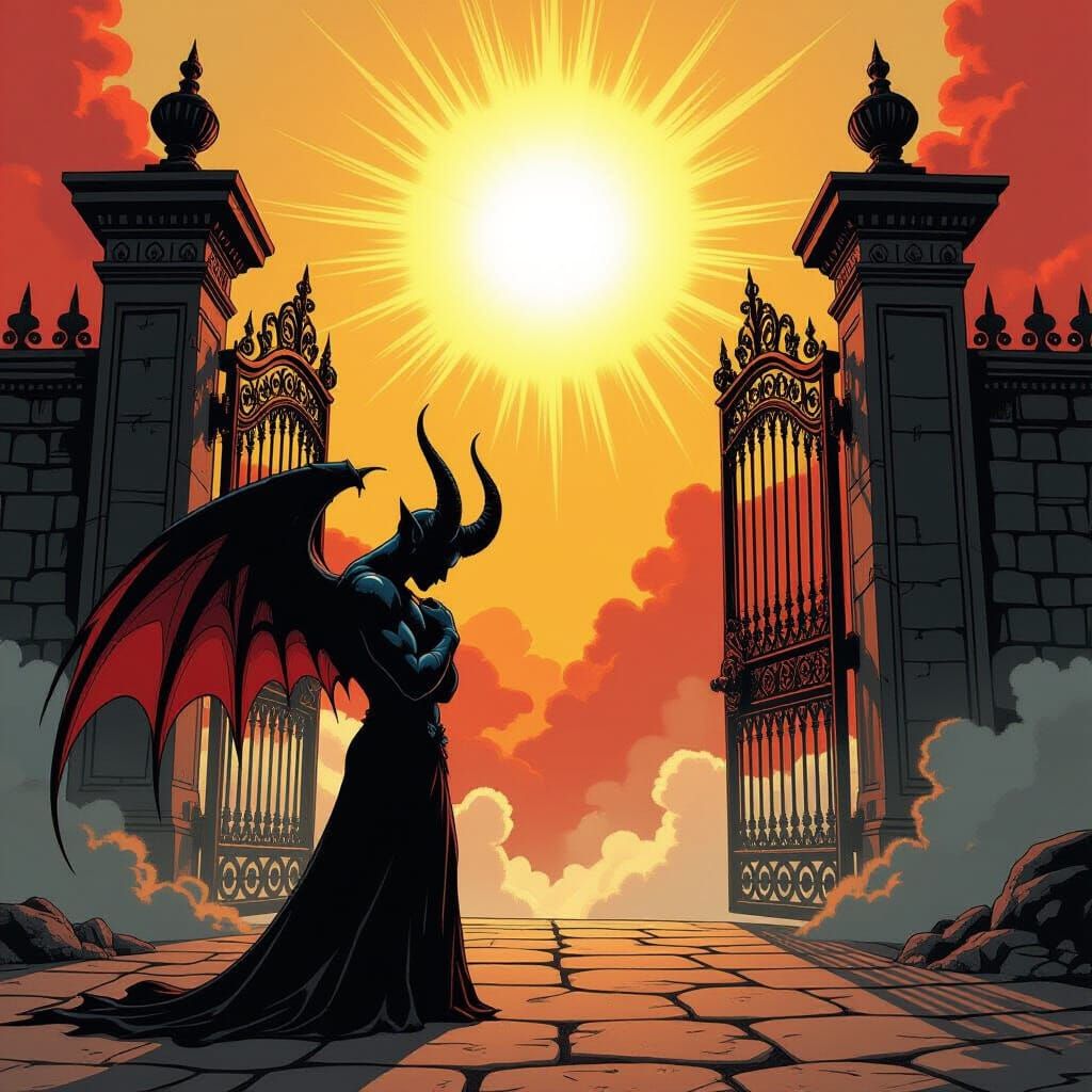 Demon Begs for Entry at Heaven's Gates in Comic Style