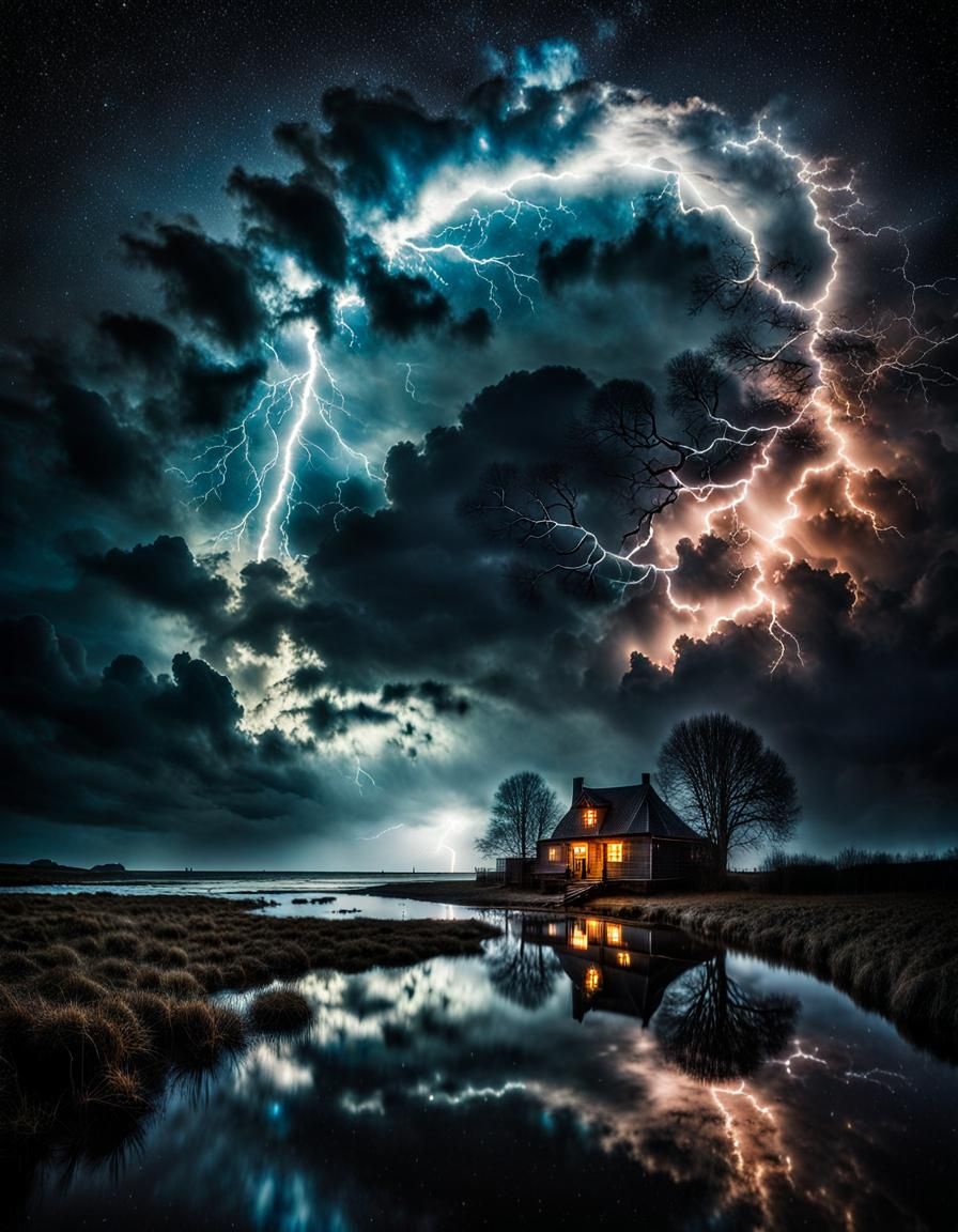Dramatic Starry Landscape with Lightning Reflections