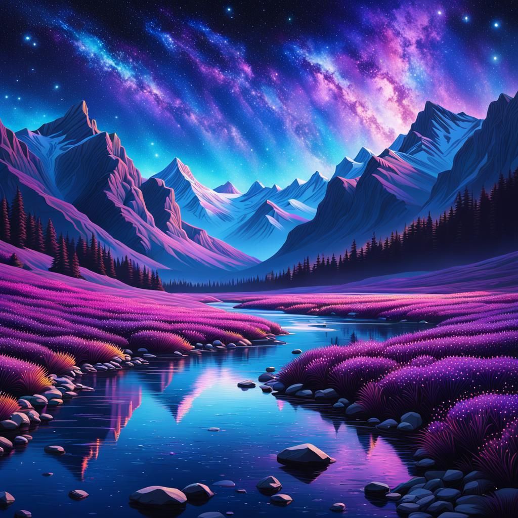 Magical Valley Under Starry Sky in Hyperrealistic Style