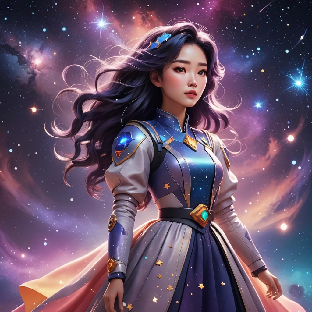 Cosmic Korean Girl with Starry Hair, 3D Digital Art