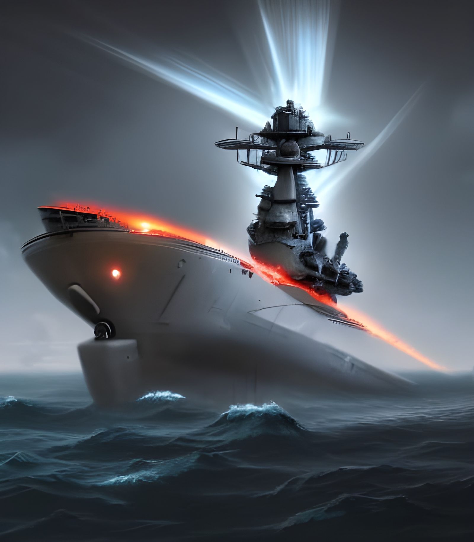 Robot Shark Battleship in Lava Ocean, Digital Painting