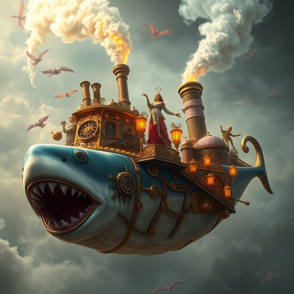 Steampunk Teacup Airship Soars Through the Sky with Shark an...
