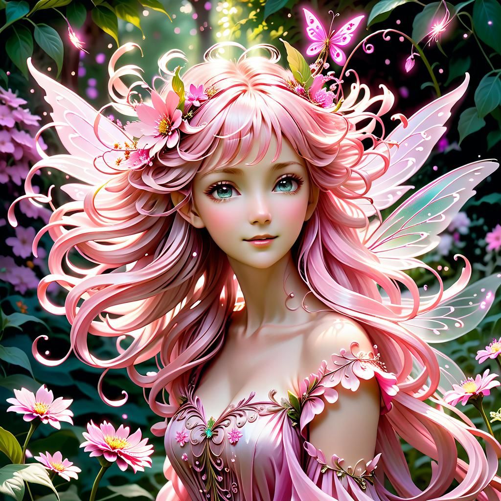 Elaborate Flower Fairy in Cottagecore Fantasy Garden