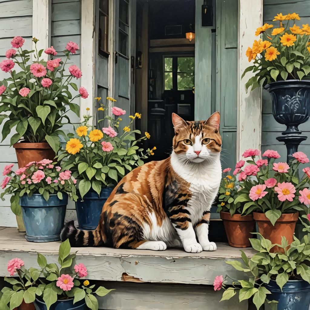 Cat Relaxing on Flower-Filled Porch