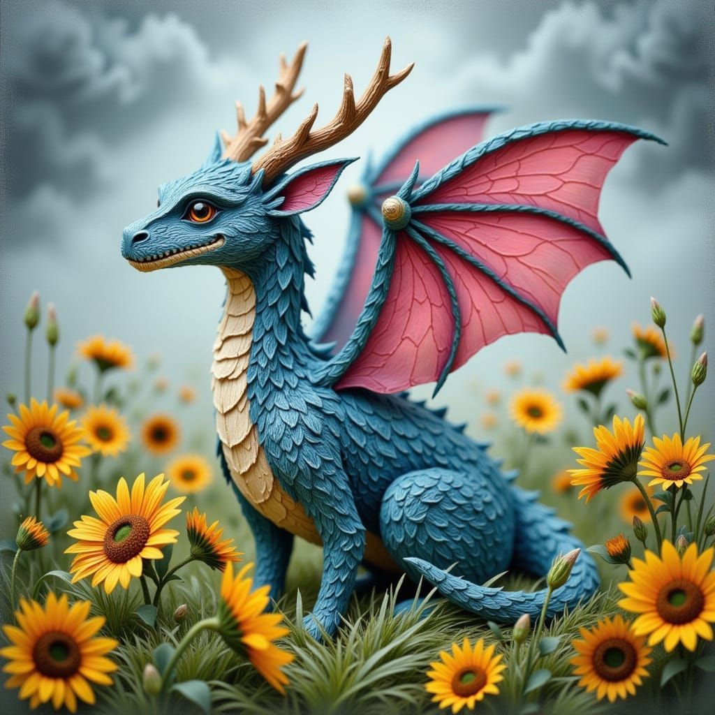 Whimsical Blue Dragon in Foggy Sunflowers
