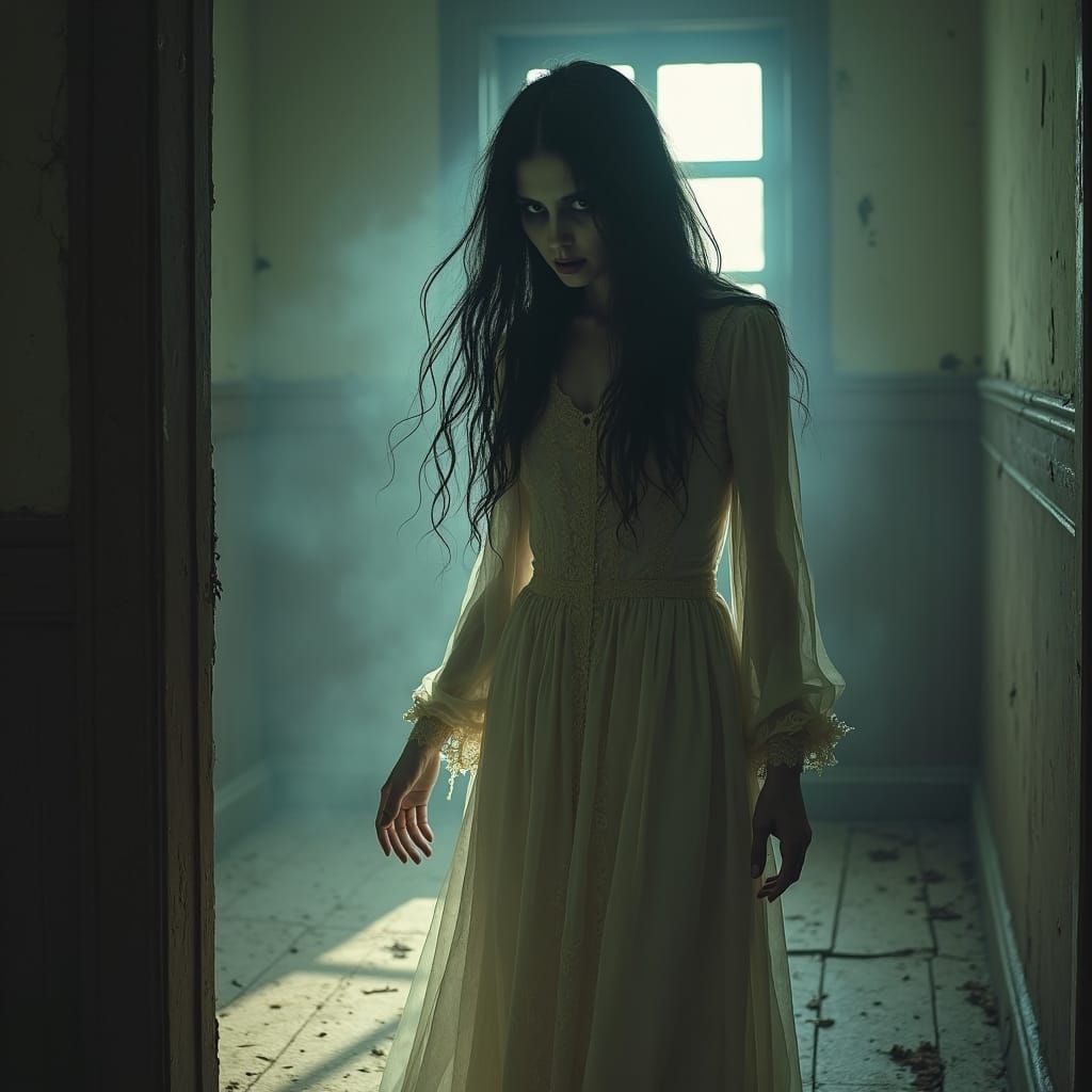 Ghostly Woman in Dusty Room: Matte Painting