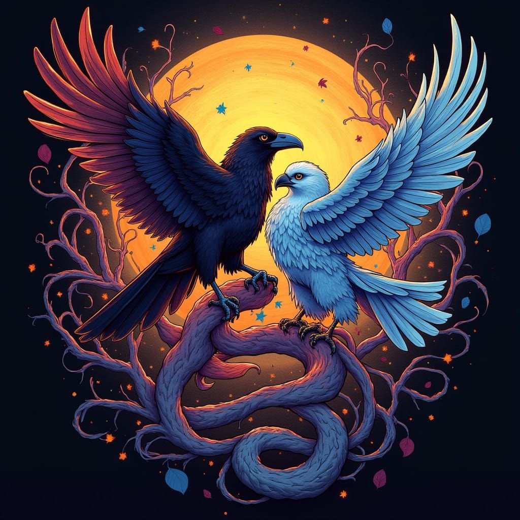 Majestic Ravens and Falcons in Celestial Harmony