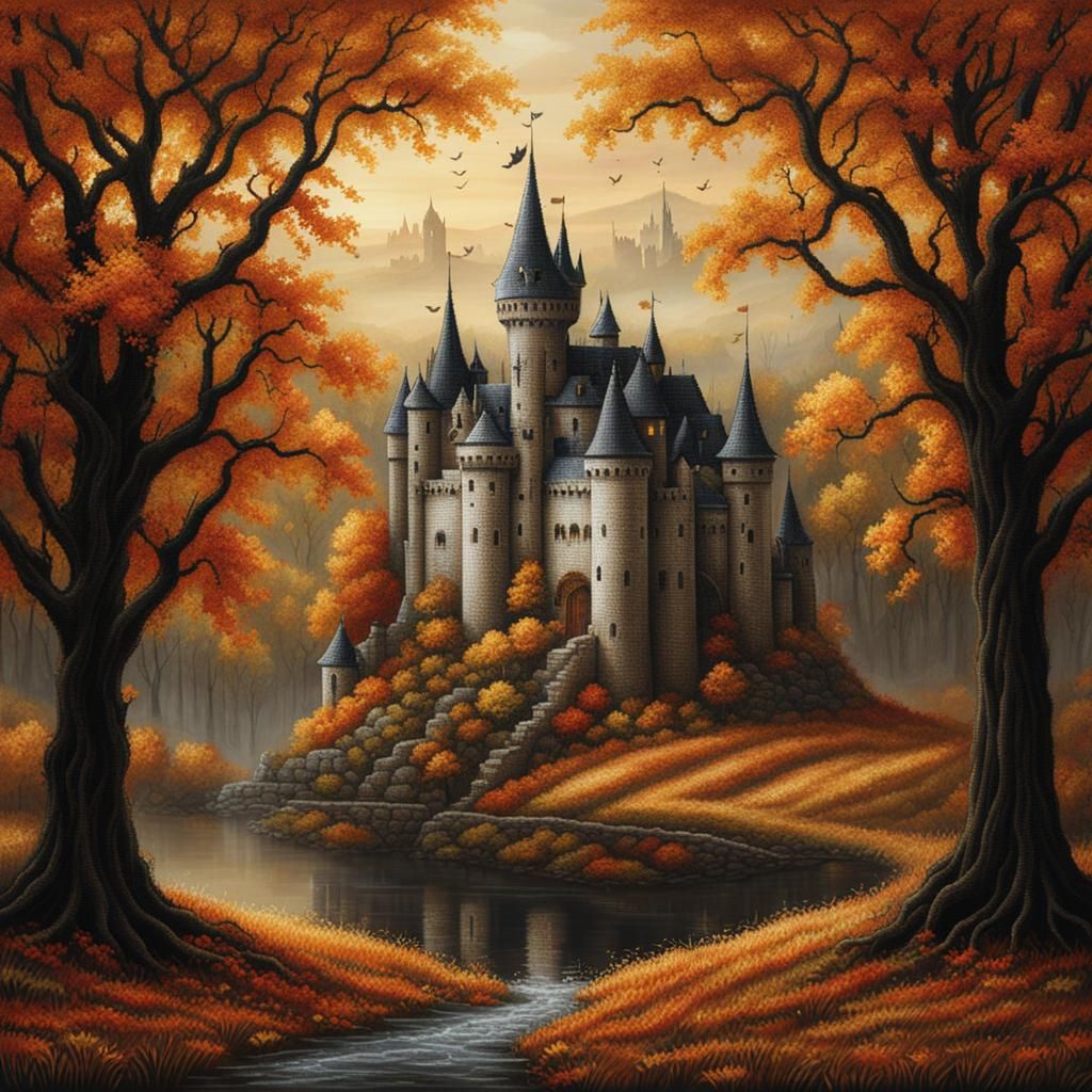 Medieval Castle in Autumn Cross-Stitch