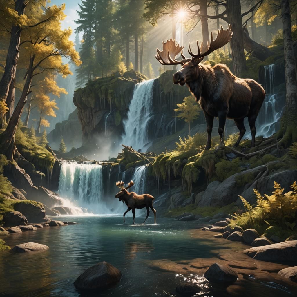 Sunlit Forest Waterfall Scene with Moose