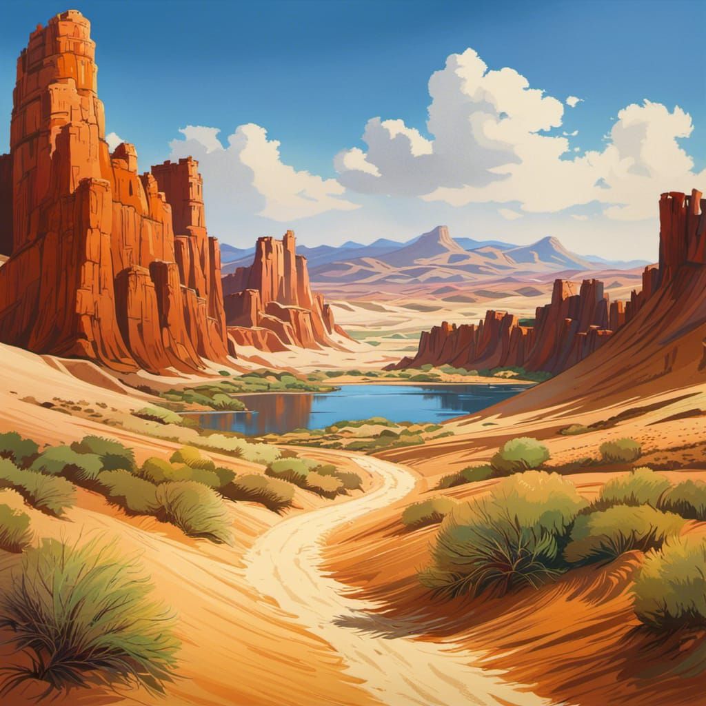 Desert Temple Watercolor Painting in Studio Ghibli Style