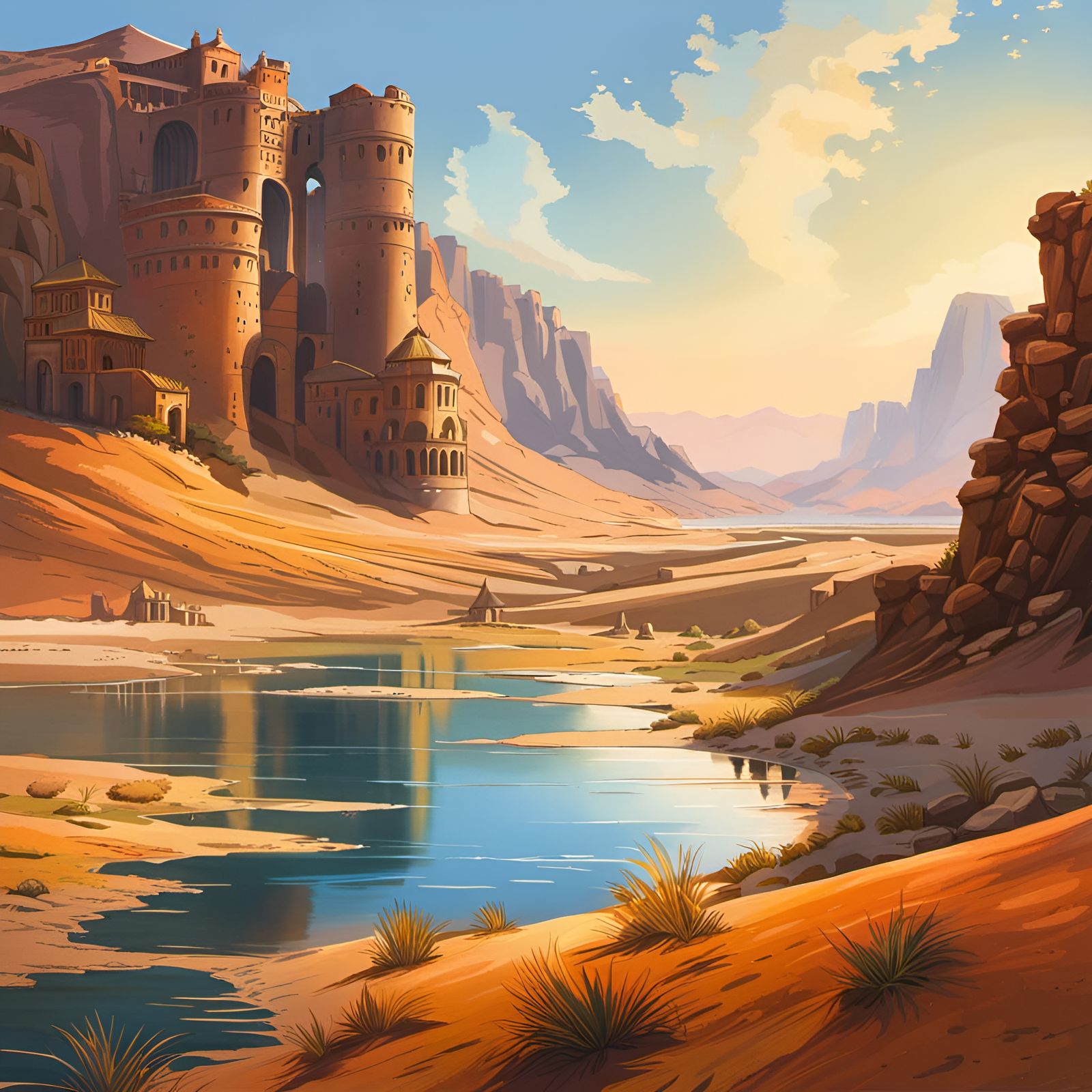 Desert Temple Ruins in Ghibli Watercolor Style