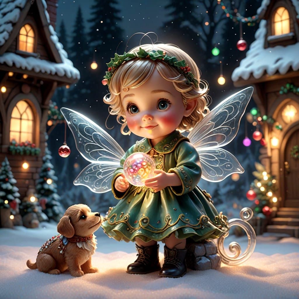 Whimsical Christmas Wonderland with Glass Fairy and Puppy