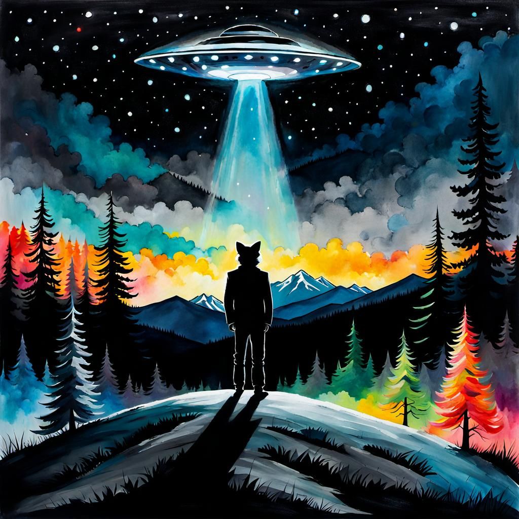 Man Staring at UFO in Night Sky, Winslow Homer Style