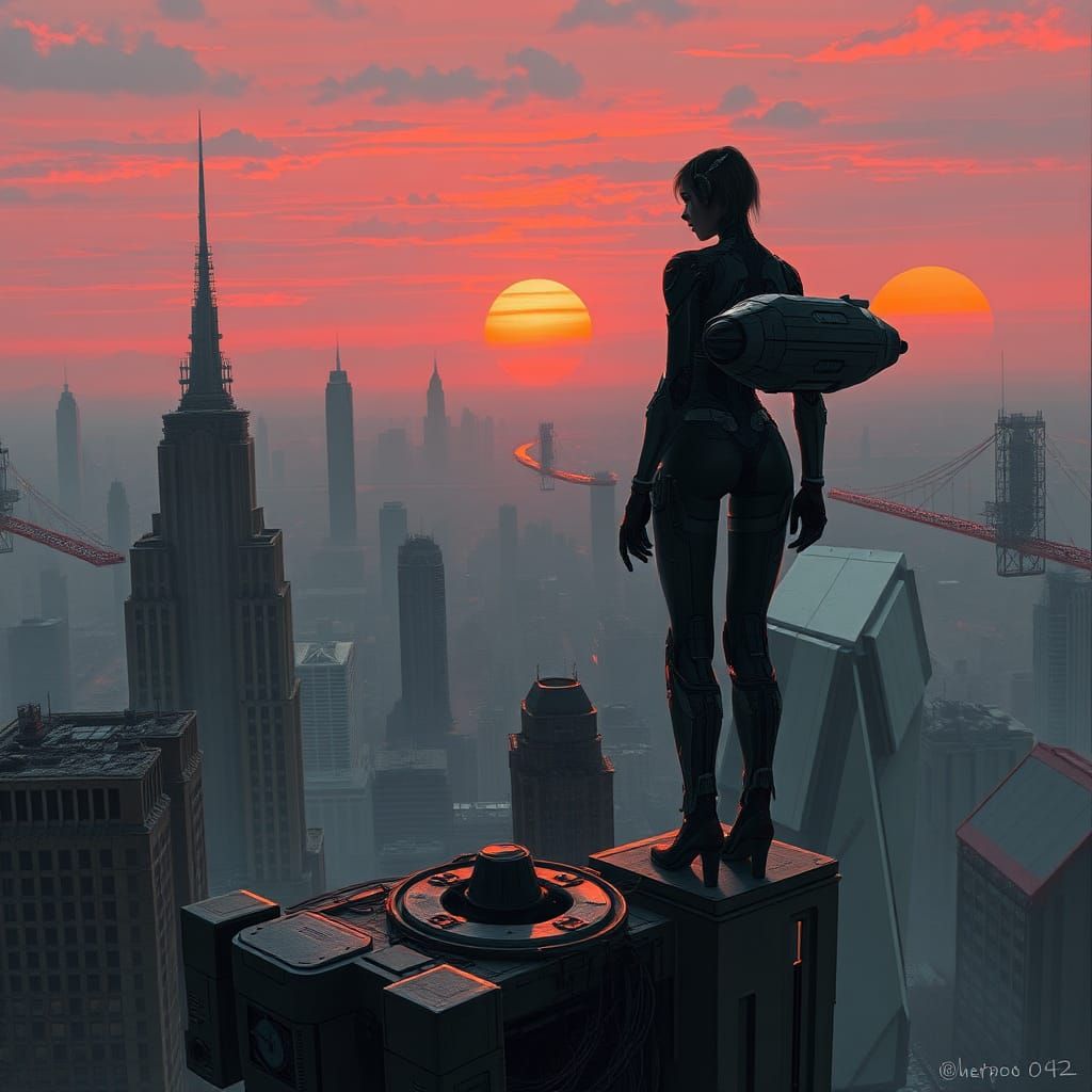 Android Warrior Overlooking Post-Apocalyptic Cityscape