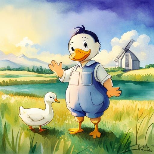 Duck in Overalls: Watercolor Farm Scene