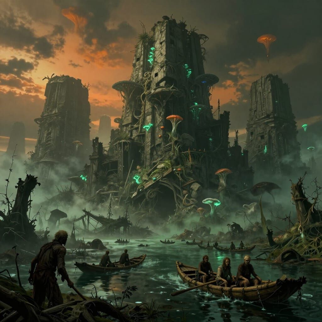 Decaying City on Stone Titans in Toxic Swamp