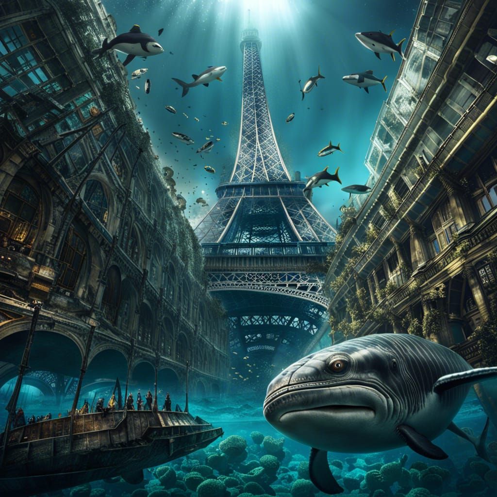 Underwater Eiffel Tower in Dystopian Paris