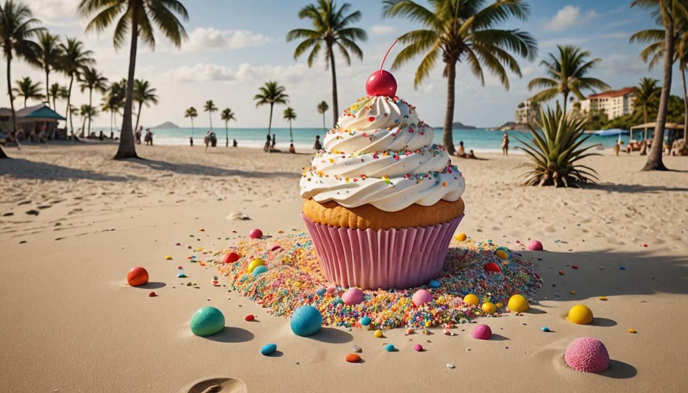 Giant Cupcake on Tropical Beach: Surreal Pastel Art