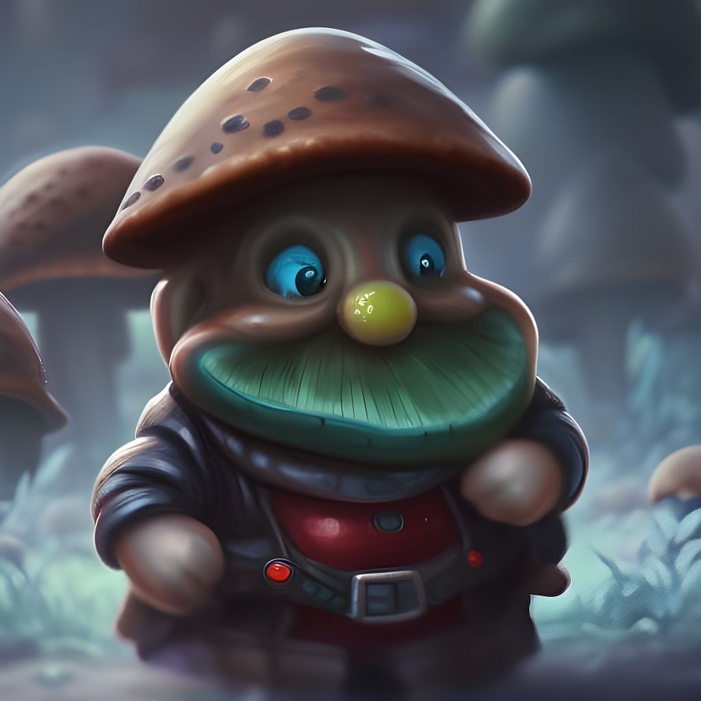 A mushroom gnome eating a slice of lime