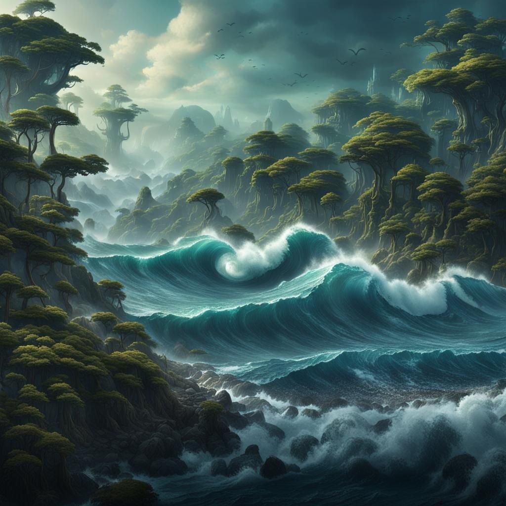 Ocean Forest of Tsunami Waves: Fantasy Concept Art