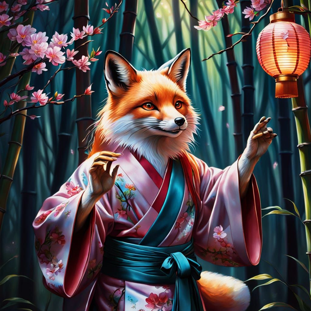 Fox Spirit with Cherry Blossom Lantern Oil Painting