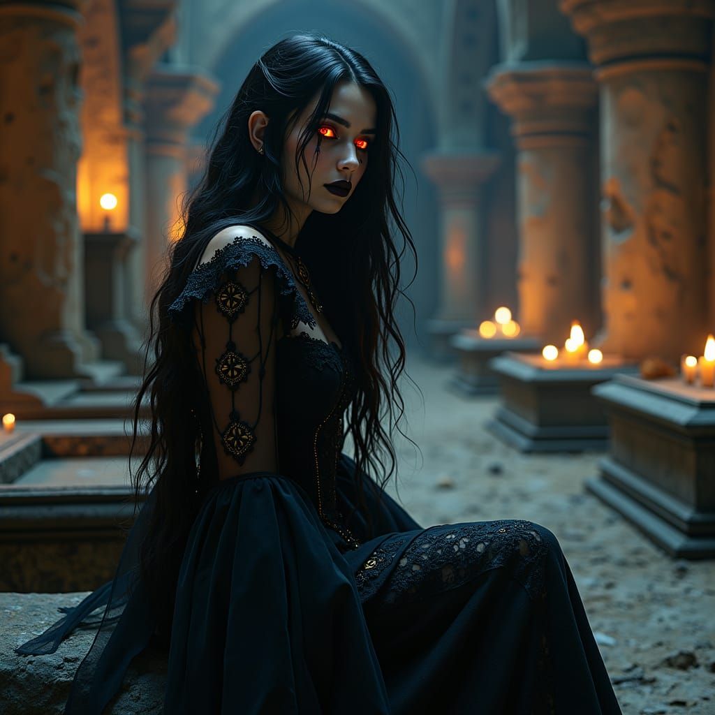 Gothic Woman in Crypt, Dramatic Digital Art