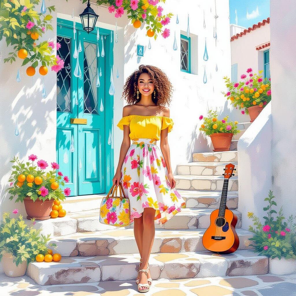 Romantic Woman on Stone Steps: Watercolor Art