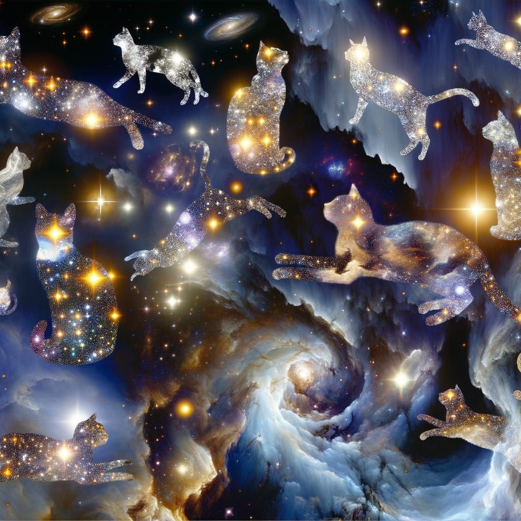 Celestial Cats Playing in a Cosmic Sky