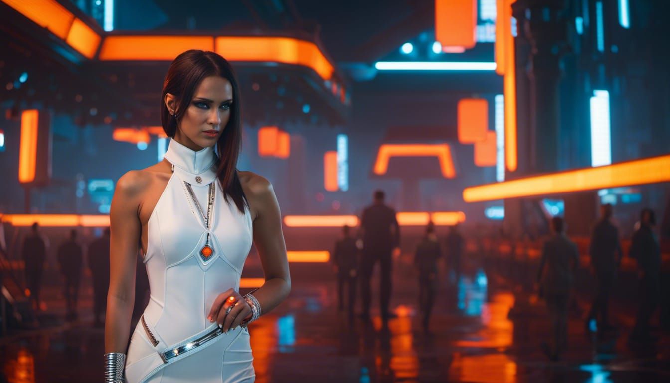 Cyberpunk Lady with Orange Jewel in Neon City