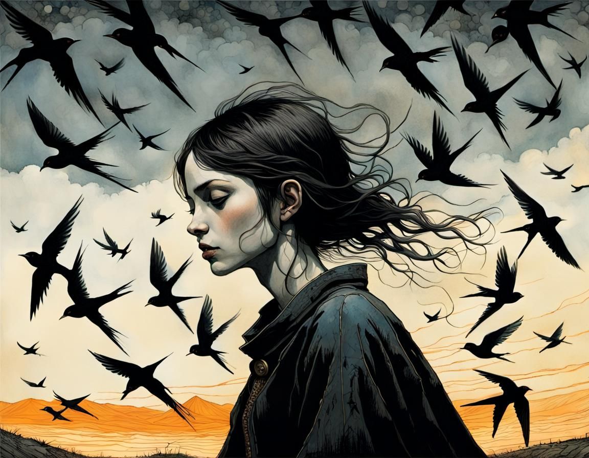 Swallows Dash the Sky in Vibrant Dark Composition