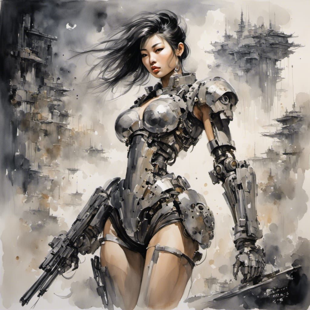 Elegant Asian Cyborg in Ink Wash Painting Style