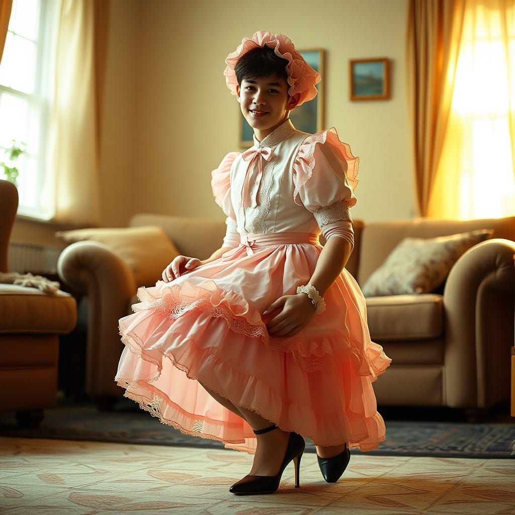 A Young Man in a Pastel-Colored Lolita Dress Smiles Enigmati...