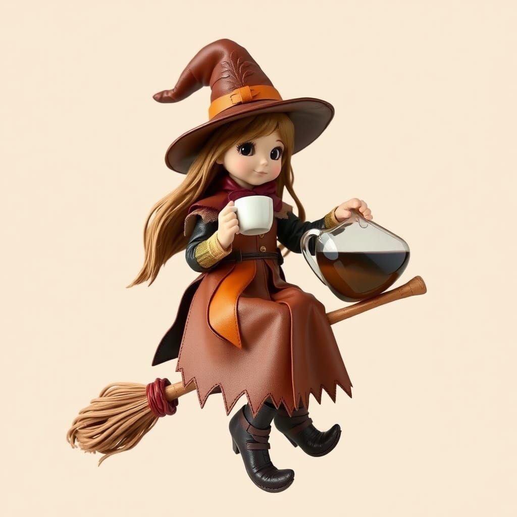 Leather Art: Cute Witch Doll on Broomstick