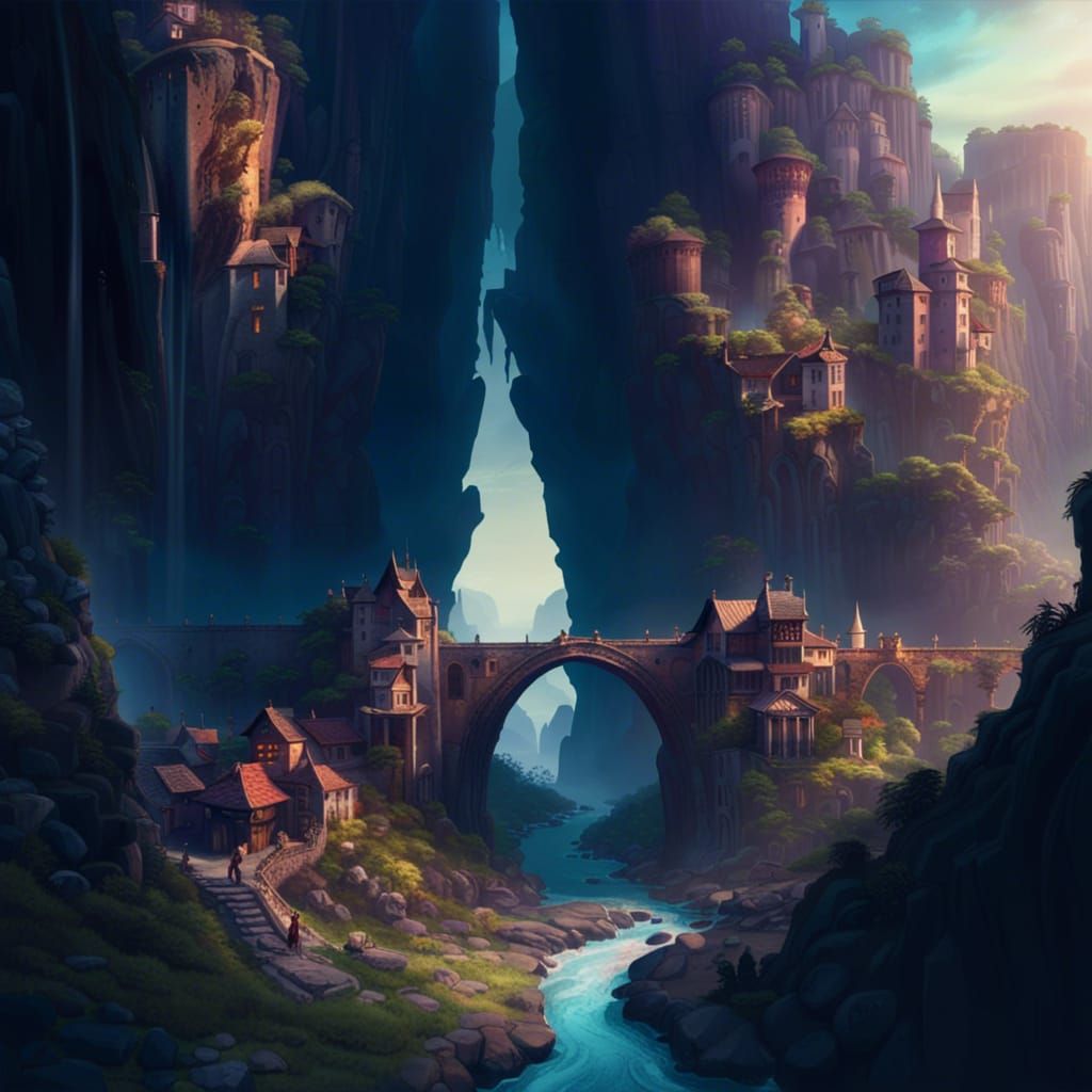 Mythical Villages Connected by Stone Bridge