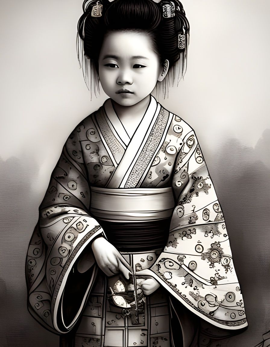 Elegant Geisha Girl in Kimono Line Art