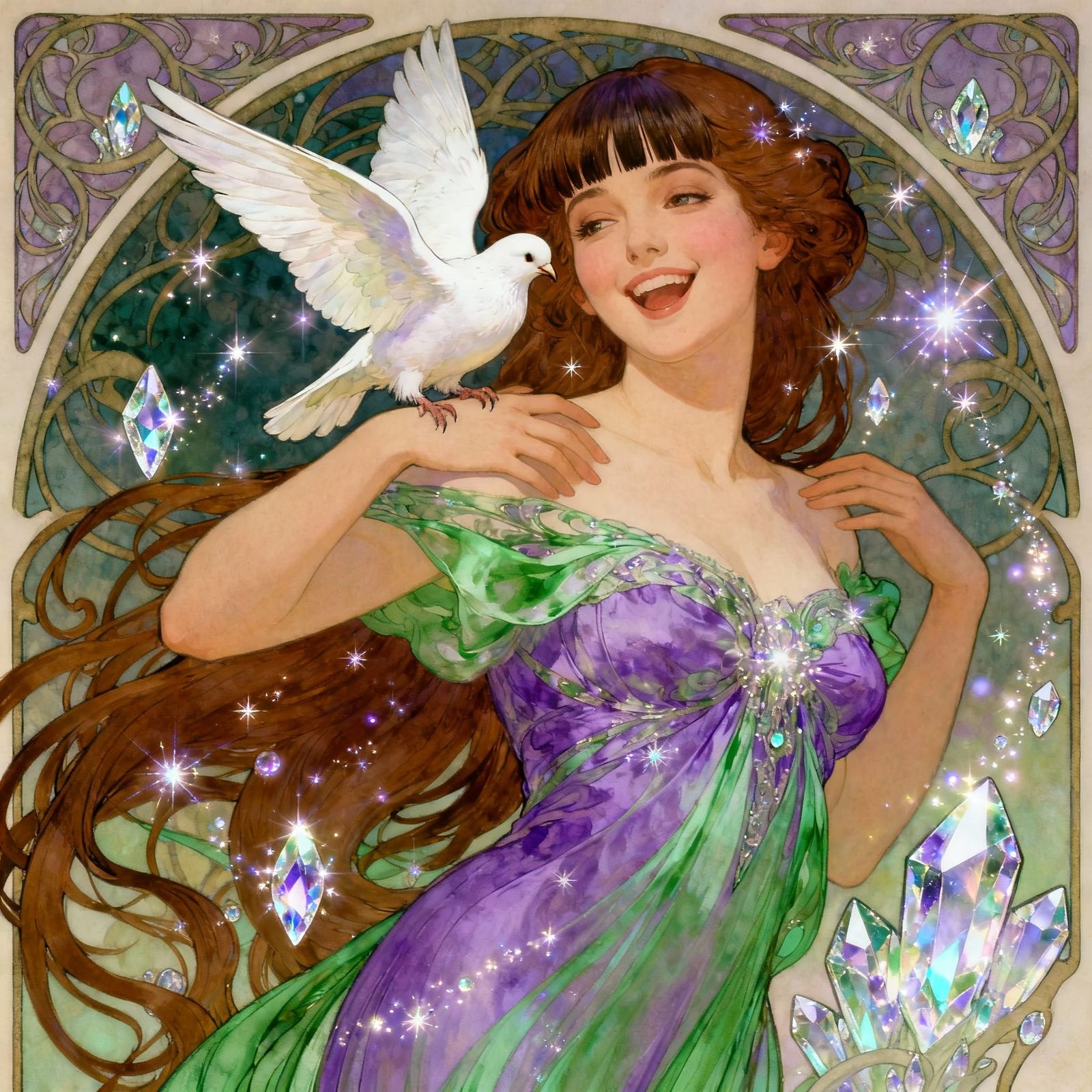Art Nouveau Woman with Dove, Ethereal Sparkles