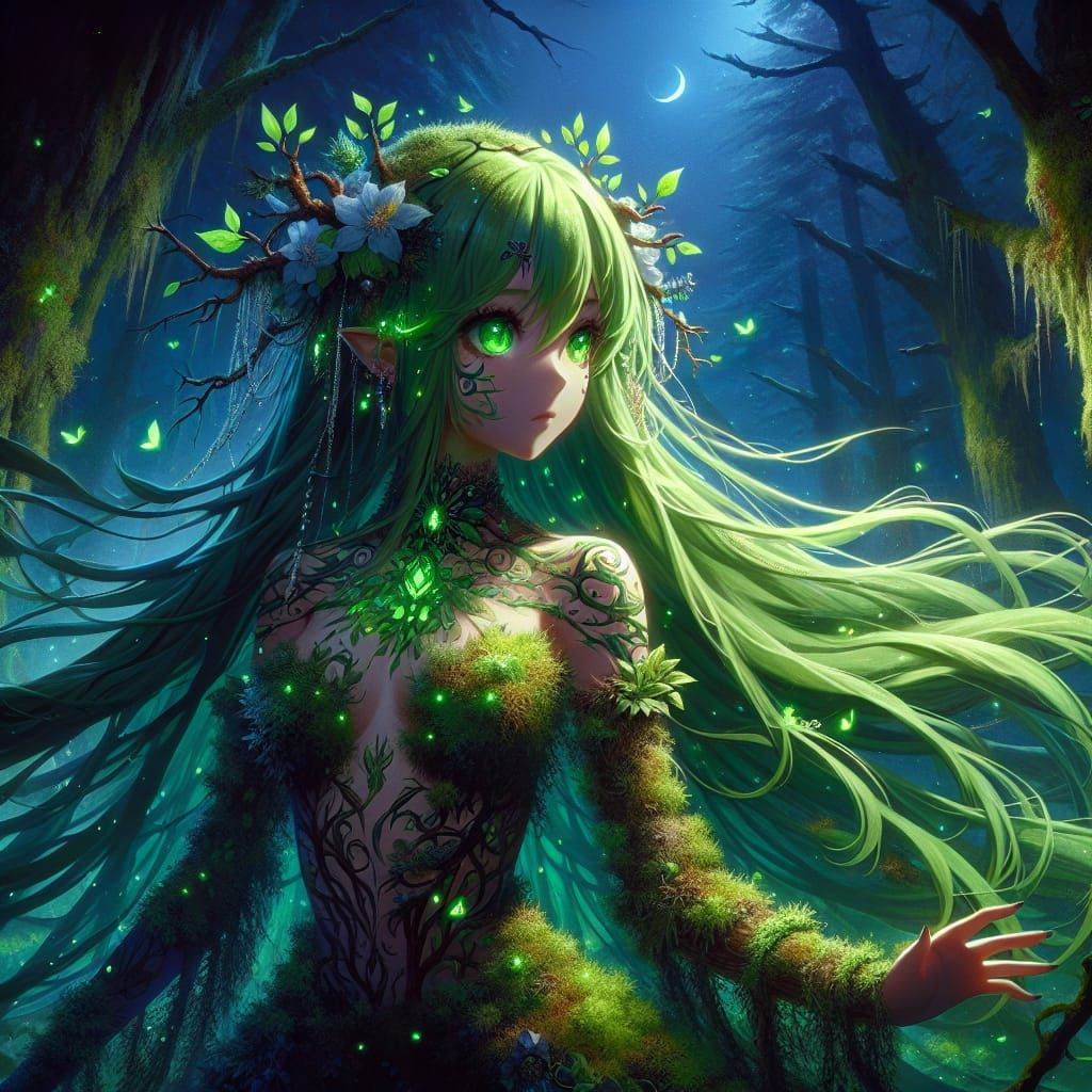 Anime Dryad in Dark Forest Concept Art