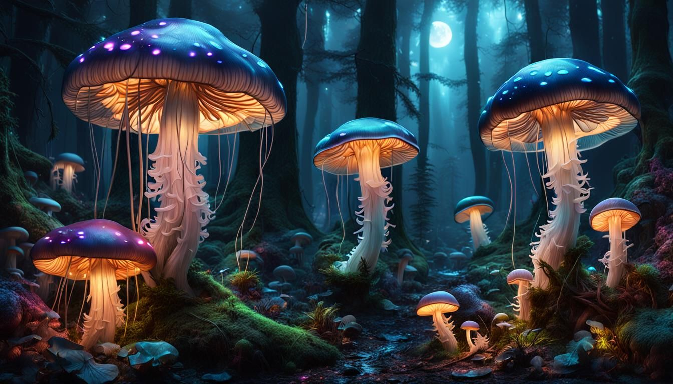 Glowing Jellyfish Mushrooms in Moonlit Forest