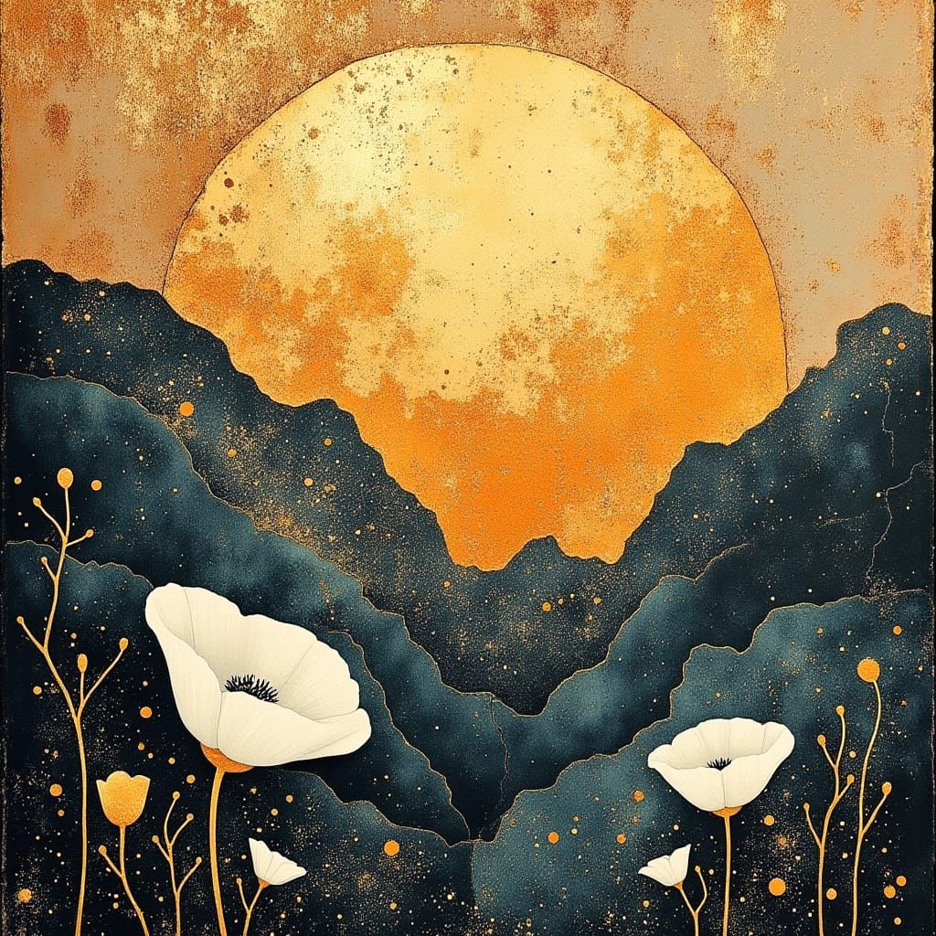 Golden Sun in a Whimsical, Arthur Rackham-Inspired Landscape