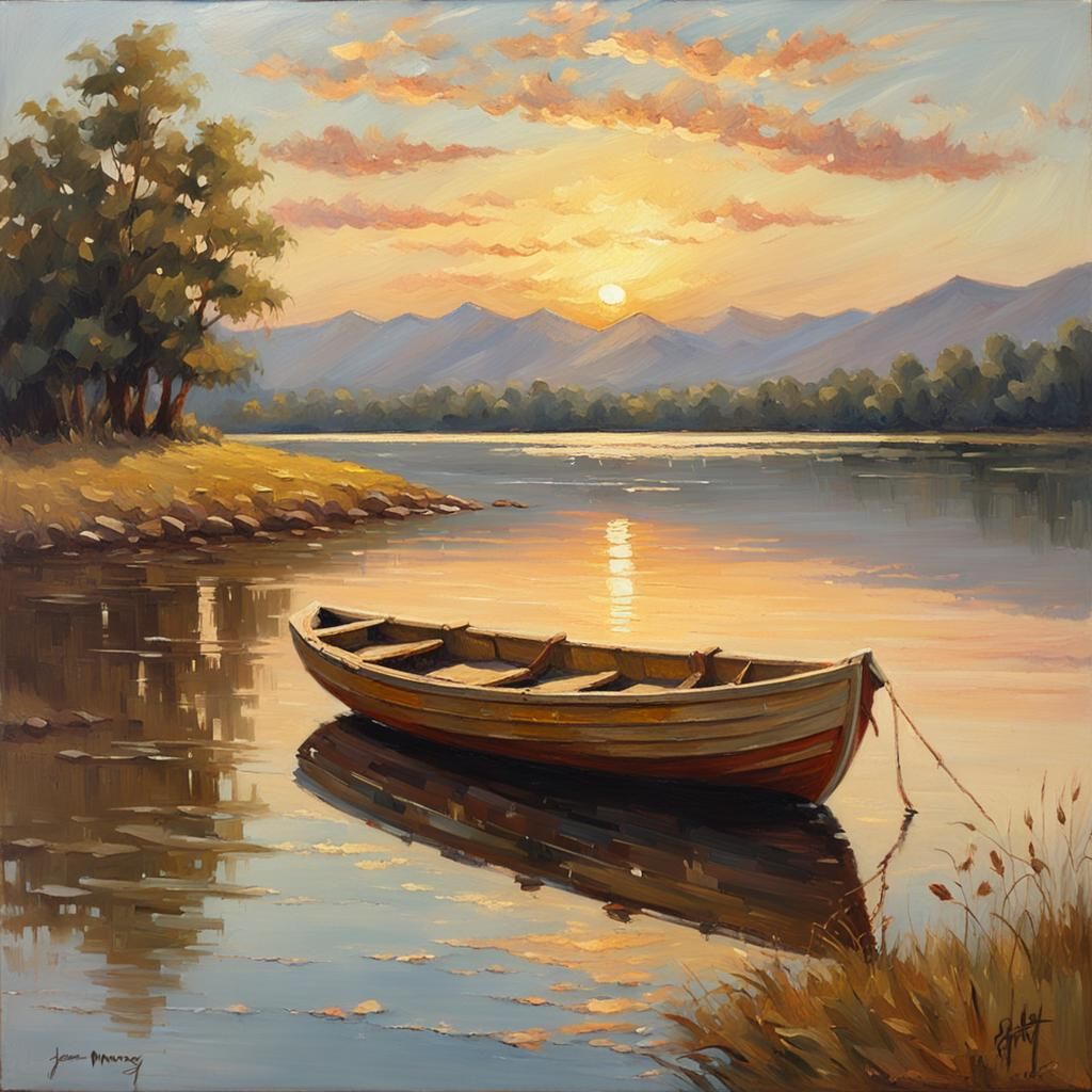 Serene Lake Sunset: Oil Painting by James Gurney